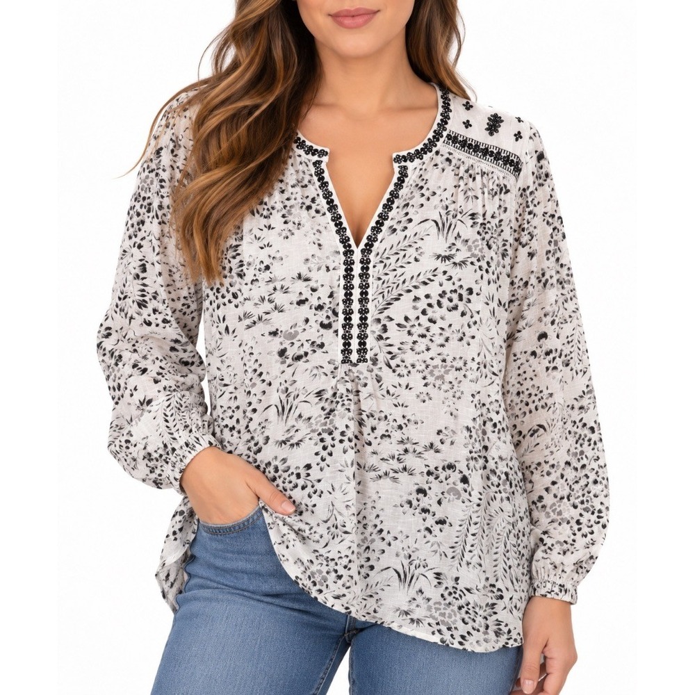 Lucky Brand Womens Plus 1X Blouse Top White Black Floral Embroidered Boho